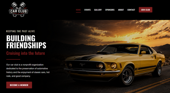 Car club website example showing a classic Mustang hero image