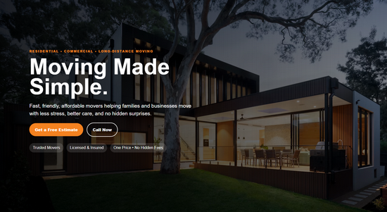 Moving company website example showing a residential moving service hero image