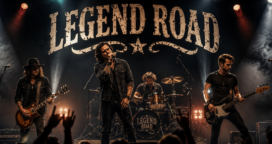 Music band website example showing a live Legend Road concert hero image