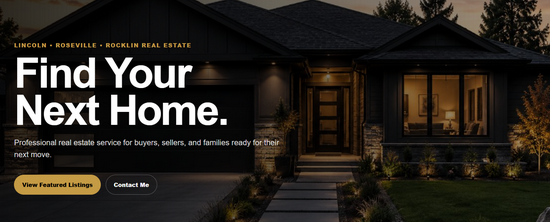 Real estate agent website example showing a featured home hero image