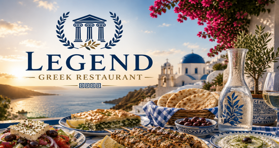 Restaurant website example showing a Legend Greek Restaurant hero image