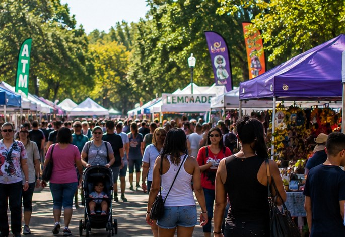 Crowded food and vendor booths