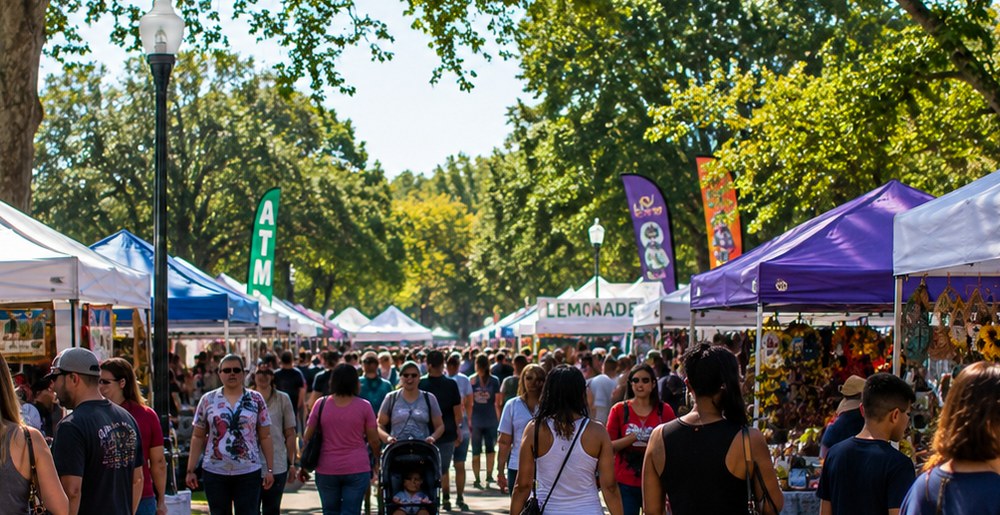 Tree lined market walkway with vendor booths